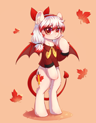 Size: 2500x3200 | Tagged: safe, artist:anya, derpibooru import, oc, oc only, oc:cunben_mapleleaf, bat pony, pony, bipedal, bow, cheek fluff, chest fluff, clothes, devil tail, hair bow, looking at you, shirt, solo, spread wings, tail, wings