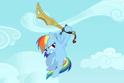 Size: 1100x737 | Tagged: safe, artist:swiftgaiathebrony, derpibooru import, rainbow dash, pegasus, pony, cloud, female, mare, object, sky, solo, sword, sword of storms, weapon, wind, xiaolin showdown