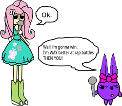 Size: 379x330 | Tagged: safe, artist:wonderwolf51, derpibooru import, fluttershy, equestria girls, crossover, disney, disney junior, flutterchan, friday night funkin', iris (sunny bunnies), microphone, rap battle afoot, simple background, speech bubble, sunny bunnies (series), transparent background