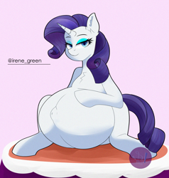 Size: 2000x2100 | Tagged: safe, artist:diamondgreenanimat0, derpibooru import, rarity, pony, unicorn, belly, belly button, big belly, blue eyes, commission, female, lidded eyes, looking at you, mare, outie belly button, preggity, pregnant, purple hair, simple background, smiling, solo, solo female, tail