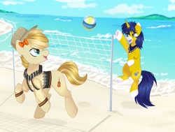 Size: 1765x1331 | Tagged: safe, artist:freyamilk, derpibooru import, oc, oc:seigwestwood, oc:swell, earth pony, pony, unicorn, bandana, beach, bow, clothes, commission, cutie mark, hair bow, hat, hoodie, island, ocean, sports, volleyball, volleyball net, water, ych result