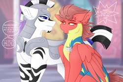 Size: 3000x2000 | Tagged: safe, artist:chromatic-sheen, derpibooru import, oc, oc only, oc:deliam, oc:fast fire, earth pony, pegasus, pony, armor, clothes, coat markings, dialogue, duo, earth pony oc, female, grammar error, male, mare, name tag, pegasus oc, royal guard, royal guard armor, speech bubble, stallion, text, uniform, wonderbolts, wonderbolts uniform