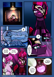 Size: 2480x3508 | Tagged: safe, artist:dsana, derpibooru import, fizzlepop berrytwist, tempest shadow, oc, oc:fireweed, oc:rust wing, oc:thistledown, earth pony, pegasus, pony, unicorn, comic:a storm's lullaby, bandage, comic, dialogue, eyepatch, female, fireplace, male, mare, potion, sleeping, stallion