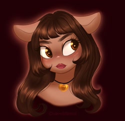 Size: 2048x1992 | Tagged: safe, artist:cherubisous, derpibooru import, anthro, earth pony, pony, brown background, bust, enya umanzor, female, jewelry, lipstick, looking away, mare, necklace, ponified, simple background, solo