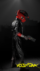 Size: 2160x3840 | Tagged: safe, alternate version, artist:fireemerald123, derpibooru import, oc, oc only, oc:page feather, anthro, 3d, city, cityscape, clothes, gun, handgun, jacket, leather, leather jacket, revolver, simple background, solo, source filmmaker, voidpunk, watermark, weapon