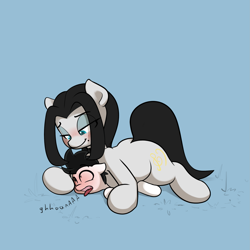 Size: 2349x2349 | Tagged: safe, artist:vipy, derpibooru import, oc, oc:klavinova, oc:vipy, earth pony, pony, female, male, size difference, smol, suffocating, tongue, tongue out