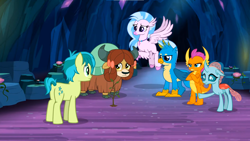 Size: 1600x900 | Tagged: safe, derpibooru import, screencap, gallus, ocellus, sandbar, silverstream, smolder, yona, changedling, changeling, classical hippogriff, dragon, earth pony, griffon, hippogriff, pony, yak, uprooted, cloven hooves, colored hooves, crossed arms, gallus is not amused, jewelry, necklace, smolder is not amused, student six, unamused