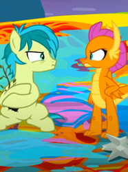 Size: 401x539 | Tagged: safe, derpibooru import, screencap, sandbar, smolder, dragon, earth pony, pony, uprooted, angry, cropped, dragoness, duo, female, hand on hip, looking at each other, looking at someone, male