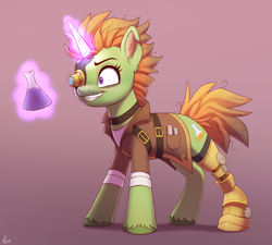 Size: 2108x1900 | Tagged: safe, artist:luminousdazzle, derpibooru import, oc, oc only, oc:juniper, pony, unicorn, amputee, beaker, clothes, cog, erlenmeyer flask, female, flask, glowing, glowing horn, grin, horn, insanity, mad scientist, magic, mare, messy mane, potion, prosthetic eye, prosthetic leg, prosthetic limb, prosthetics, scientist, simple background, smiling, solo, solo female, steampunk, torn ear, unicorn oc, unshorn fetlocks