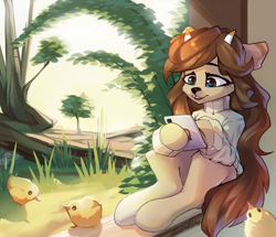 Size: 3356x2883 | Tagged: safe, artist:twinkling, derpibooru import, oc, oc only, oc:zoey, chick, solo, tablet, tree