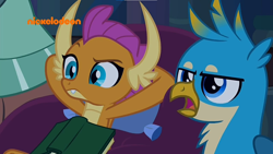 Size: 1600x900 | Tagged: safe, derpibooru import, screencap, gallus, smolder, yona, dragon, griffon, yak, school raze, arm behind head, book, gallus is not amused, raised eyebrow, unamused