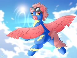 Size: 4000x3000 | Tagged: safe, artist:chromatic-sheen, derpibooru import, oc, oc only, oc:fast fire, pegasus, pony, butt, clothes, cloud, cloudy, day, flying, goggles, goggles on head, outdoors, pegasus oc, plot, sky, solo, spread wings, uniform, wings, wonderbolts, wonderbolts uniform