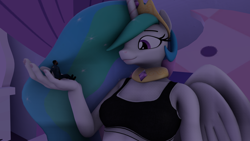 Size: 2920x1642 | Tagged: safe, artist:docteurcinematicstudio, artist:mothra72, derpibooru import, princess celestia, alicorn, anthro, human, pony, 3d, breasts, clothes, crown, female, giantess, giantlestia, hand, jewelry, macro, macro/micro, micro, regalia, source filmmaker, tiny