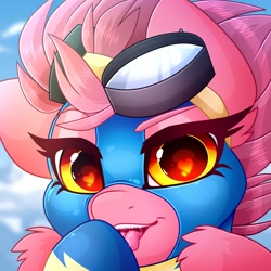 Size: 1200x1200 | Tagged: safe, artist:chromatic-sheen, derpibooru import, oc, oc only, oc:fast fire, pegasus, pony, bust, clothes, cloud, goggles, goggles on head, heart, heart eyes, licking, looking at you, open mouth, outdoors, pegasus oc, sky, solo, tongue, tongue out, uniform, wing fluff, wingding eyes, wings, wonderbolts, wonderbolts uniform