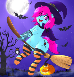 Size: 4800x5000 | Tagged: safe, artist:queenkittyok, artist:tatemil, derpibooru import, oc, oc only, bat, bird, owl, pony, broom, clothes, flying, flying broomstick, halloween, hat, holiday, moon, pumpkin, socks, solo, striped socks, tree, witch hat