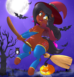 Size: 4800x5000 | Tagged: safe, artist:queenkittyok, artist:tatemil, derpibooru import, oc, oc only, oc:luz, bat, bird, owl, pony, broom, clothes, flying, flying broomstick, halloween, holiday, moon, pumpkin, socks, solo, tree