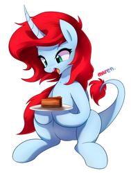 Size: 3021x3996 | Tagged: safe, artist:maren, derpibooru import, oc, oc only, dracony, dragon, hybrid, pony, unicorn, cake, commission, curved horn, drool, food, high res, horn, open mouth, plate, simple background, sitting, solo, white background