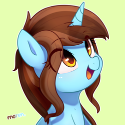 Size: 3600x3587 | Tagged: safe, artist:maren, derpibooru import, oc, oc only, pony, unicorn, bangs, bust, commission, eye clipping through hair, female, high res, looking up, mare, open mouth, open smile, outline, simple background, sitting, smiling, solo