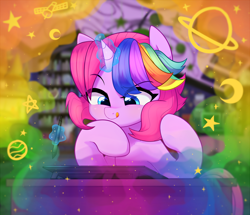 Size: 3516x3025 | Tagged: safe, artist:maren, derpibooru import, oc, oc only, oc:techy twinkle, pony, unicorn, :q, commission, drawing tablet, high res, imagination, magic, multicolored mane, raised eyebrow, solo, telekinesis, tongue, tongue out