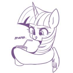 Size: 3800x3800 | Tagged: safe, artist:maren, derpibooru import, twilight sparkle, twilight sparkle (alicorn), alicorn, pony, bust, cup, doodle, drinking straw, high res, hoof hold, licking, licking lips, monochrome, solo, tongue, tongue out