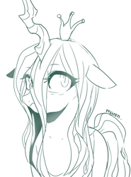 Size: 2810x3800 | Tagged: safe, artist:maren, derpibooru import, queen chrysalis, changeling, changeling queen, :/, doodle, ears, female, floppy ears, high res, monochrome, solo, unamused