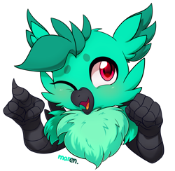 Size: 2945x2869 | Tagged: safe, artist:maren, derpibooru import, oc, oc only, oc:baja, griffon, bust, chest fluff, griffon oc, high res, one eye closed, open mouth, pointing, simple background, solo, white background, wink