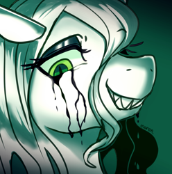 Size: 2577x2600 | Tagged: safe, artist:maren, derpibooru import, queen chrysalis, changeling, changeling queen, bust, crying, doodle, female, grin, high res, makeup, portrait, running makeup, smiling, solo, toothy grin