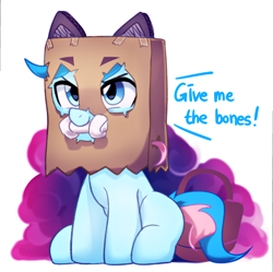 Size: 2400x2386 | Tagged: safe, artist:maren, derpibooru import, oc, oc only, oc:blue chewings, earth pony, pony, bag, cat ears, clothes, colt, costume, cute, foal, high res, male, nightmare night costume, paper bag, simple background, sitting, solo, white background