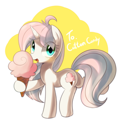 Size: 1718x1744 | Tagged: safe, artist:maren, derpibooru import, oc, oc only, oc:cotton candy, pony, unicorn, cotton candy, eye clipping through hair, female, hoof hold, horn, mare, pixiv, raised leg, simple background, solo, unicorn oc, white background