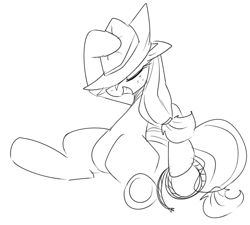 Size: 1157x1043 | Tagged: safe, artist:maren, derpibooru import, applejack, earth pony, pony, applejack's hat, clothes, cowboy hat, doodle, grin, hat, hoof hold, monochrome, rope, sitting, smiling, solo