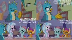 Size: 4400x2475 | Tagged: safe, derpibooru import, edit, edited screencap, editor:quoterific, screencap, gallus, ocellus, sandbar, silverstream, smolder, what lies beneath, book, bookshelf