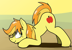 Size: 1319x907 | Tagged: safe, artist:sefastpone, derpibooru import, braeburn, earth pony, pony, digital art, face down ass up, looking back, male, presenting, raised tail, stallion, tail