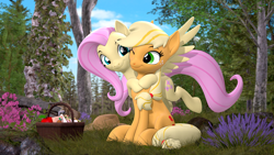 Size: 3840x2160 | Tagged: safe, artist:owlpirate, derpibooru import, applejack, fluttershy, earth pony, pegasus, pony, 3d, 4k, appleshy, basket, cute, female, forest, hat off, high res, hug, jackabetes, lesbian, looking at each other, looking at someone, mare, picnic basket, shipping, shyabetes, sitting, smiling, smiling at each other, source filmmaker