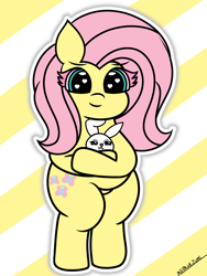 Size: 2304x3072 | Tagged: safe, artist:msbluejune, derpibooru import, angel bunny, fluttershy, pegasus, pony, rabbit, animal, bipedal, chibi, chubby, colored, cute, female, hug, mare, signature, thighs