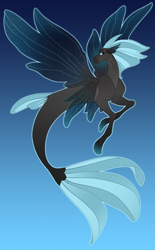 Size: 3164x5100 | Tagged: safe, artist:turnipstewdios, derpibooru import, oc, oc only, merpony, seapony (g4), blue background, blue eyes, blue mane, blue tail, commission, digital art, dorsal fin, ethereal mane, fin wings, fins, fish tail, flowing mane, flowing tail, high res, ocean, simple background, smiling, solo, spread wings, starry mane, starry tail, starry wings, tail, underwater, water, wings