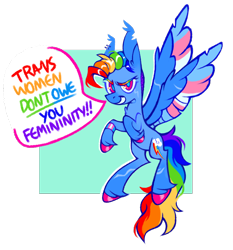 Size: 1042x1119 | Tagged: safe, artist:onionpwder, artist:ponydoodles, derpibooru import, rainbow dash, pegasus, pony, alternate hairstyle, comments locked on derpi, ear piercing, earring, female, grin, jewelry, mare, mouthpiece, partially transparent background, piercing, positive message, pride, pride flag, redesign, smiling, solo, speech bubble, spread wings, trans female, transgender, transgender pride flag, unshorn fetlocks, wings, wristband