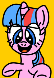 Size: 459x659 | Tagged: safe, artist:danielthebrony57, derpibooru import, edit, buttons (g1), pony, unicorn, g1, g4, cropped, female, g1 to g4, generation leap, horn, mare, simple background, smiling, yellow background