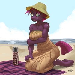 Size: 900x900 | Tagged: safe, artist:kevinsano, derpibooru import, tempest shadow, anthro, unguligrade anthro, unicorn, beach, beach towel, big breasts, breasts, broken horn, clothes, dress, explicit source, female, hat, horn, kneeling, mare, scar, solo, sun hat, tempest pillows, thermos