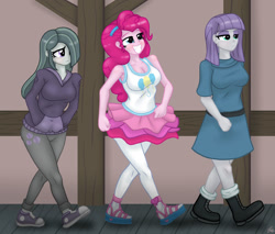 Size: 1280x1090 | Tagged: safe, artist:lennondash, derpibooru import, marble pie, maud pie, pinkie pie, human, equestria girls, big smile, boots, breasts, cleavage, clothes, converse, cutie mark on clothes, dr. livesey walk, dress, equestria girls-ified, eyeshadow, grin, hair over one eye, hand in pocket, hoodie, makeup, meme, ponified, ponified meme, pullover, shoes, skirt, smiling, sneakers, stockings, tanktop, thigh highs, treasure island, walking