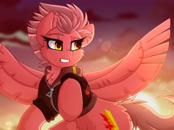 Size: 4000x3000 | Tagged: safe, artist:chromatic-sheen, derpibooru import, oc, oc only, oc:fast fire, pegasus, pony, bomber jacket, clothes, cloud, cloudy, cutie mark, female, flying, jacket, mare, open mouth, outdoors, pegasus oc, sky, solo, spread wings, sunset, wings