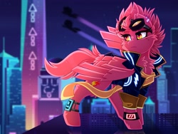 Size: 4000x3000 | Tagged: safe, artist:chromatic-sheen, derpibooru import, oc, oc only, oc:fast fire, pegasus, pony, chest fluff, city, cityscape, clothes, cyberpunk, female, folded wings, goggles, goggles on head, jacket, mare, pegasus oc, scarf, solo, wings