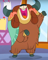Size: 524x657 | Tagged: safe, derpibooru import, screencap, yona, yak, she's all yak, bipedal, bow, cloven hooves, cropped, hair bow, monkey swings, nose in the air, open mouth, solo, volumetric mouth