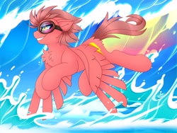 Size: 4000x3000 | Tagged: safe, artist:chromatic-sheen, derpibooru import, oc, oc only, oc:fast fire, pegasus, pony, cutie mark, day, female, flying, goggles, mare, pegasus oc, solo, spread wings, water, wave, wings