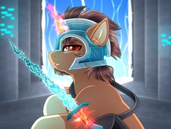 Size: 4000x3000 | Tagged: safe, artist:chromatic-sheen, derpibooru import, oc, oc only, unicorn, armor, bag, beard, commission, diamond, diamond sword, facial hair, horn, magic, magic aura, male, minecraft, solo, stallion, sword, unicorn oc, weapon