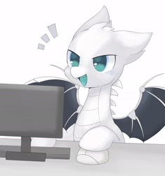 Size: 1682x1789 | Tagged: safe, artist:ginmaruxx, derpibooru import, oc, oc only, oc:llvm, dracony, dragon, hybrid, pony, computer, computer mouse, ears, floppy ears, keyboard, llvm, monitor, open mouth, ponified, programming, simple background, solo, spread wings, white background, wings