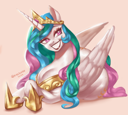 Size: 2754x2480 | Tagged: safe, artist:nire, derpibooru import, princess celestia, alicorn, pony, butt, crossed hooves, crown, cutie mark, eyeshadow, female, freckles, grin, hoof shoes, horn, jewelry, large butt, lipstick, looking away, lying down, makeup, mare, mole, prone, puffed chest, regalia, simple background, smiling, solo, wings
