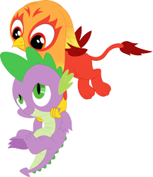 Size: 3076x3553 | Tagged: safe, artist:porygon2z, derpibooru import, spike, oc, oc:heatwave, dragon, griffon, chickub, duo, duo male, flying, holding a dragon, male, simple background, transparent background, vector