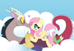 Size: 2452x1688 | Tagged: safe, artist:acidicstoat, derpibooru import, discord, fluttershy, draconequus, pegasus, pony, blue outline, cloud, commission, cutie mark eyes, discoshy, female, heart, holding hands, male, shipping, straight, wingding eyes