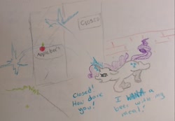 Size: 2048x1417 | Tagged: safe, artist:pony quarantine, derpibooru import, rarity, pony, unicorn, applebee's, ask pony crayontine, blast, crayon drawing, female, magic, magic blast, mare, rarity fighting a giant applebee's, request, solo, traditional art