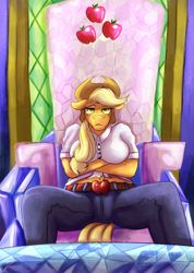 Size: 1244x1750 | Tagged: safe, artist:jamescorck, derpibooru import, applejack, anthro, earth pony, applerack, breasts, clothes, crossed arms, hat, pants, shirt, sitting, solo, throne, twilight's castle